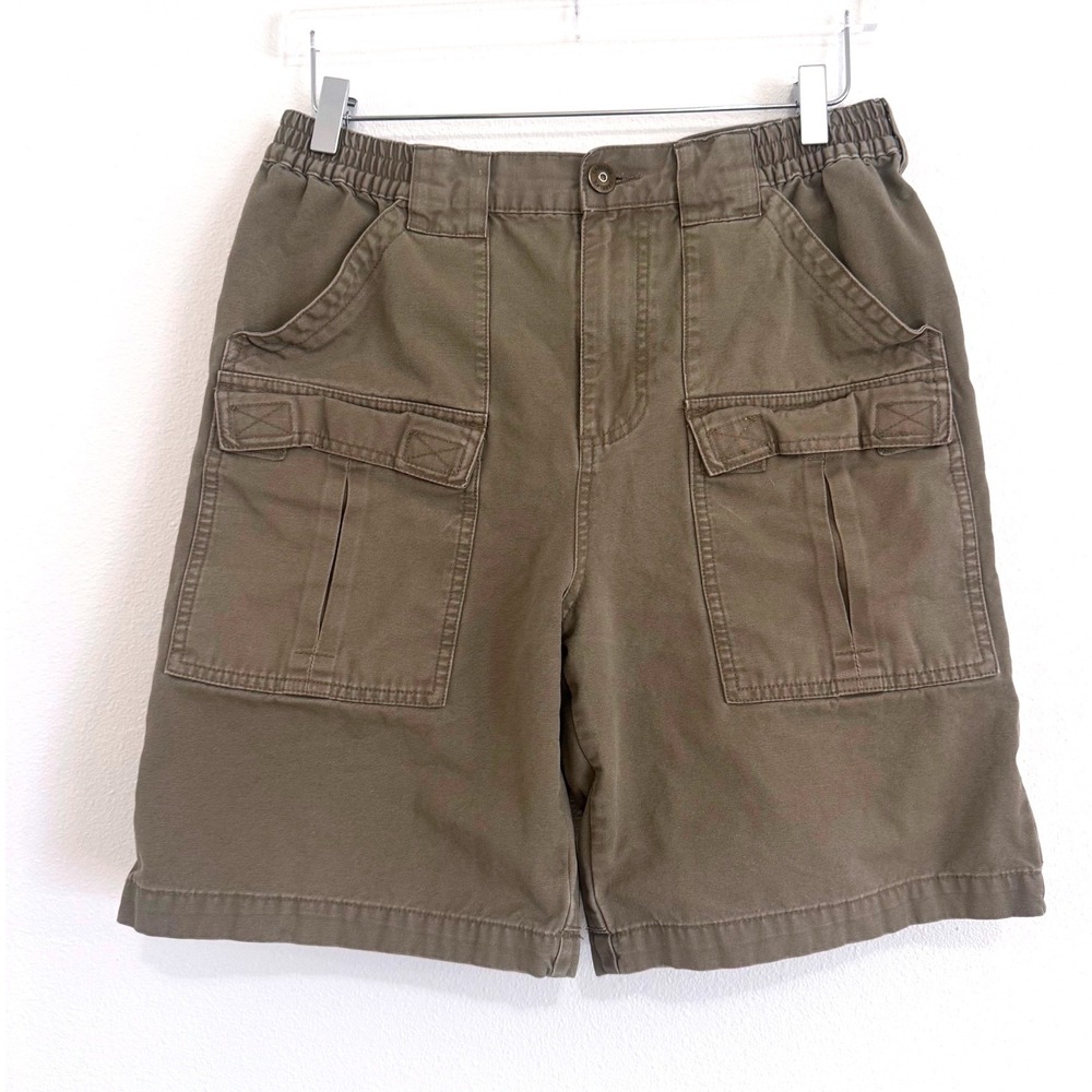 Cabela's Men's Olive Green Cargo Shorts - Elastic Waist Multi-Pocket Cotton